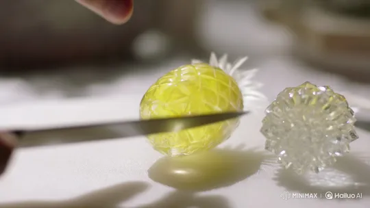 Ultra-Slow-Motion Slice of Glowing Glass Pineapple – AI Generated Video | Hailuo AI