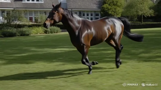 Majestic Horse Gallops Through Lush Garden Near House – AI Generated Video | Hailuo AI