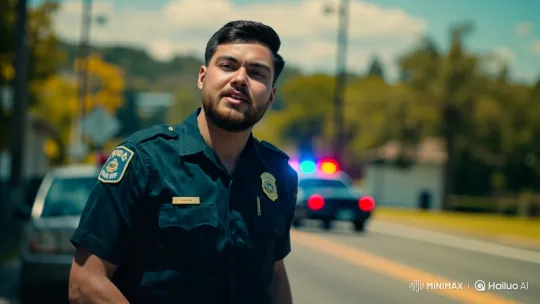 Police Officer Addresses Camera in Daylight Setting – AI Generated Video | Hailuo AI