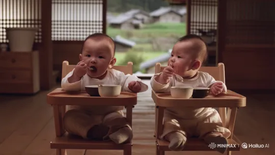 Twin Babies Enjoy Meal in Traditional Korean Home – AI Generated Video | Hailuo AI