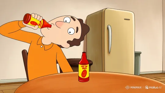 Man Drinks Hot Sauce, Rushes for Water in Cartoon Kitchen – AI Generated Video | Hailuo AI
