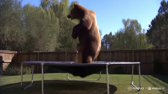 Bear and Dog Joyfully Bounce, Kiss on Trampoline – AI Generated Video | Hailuo AI