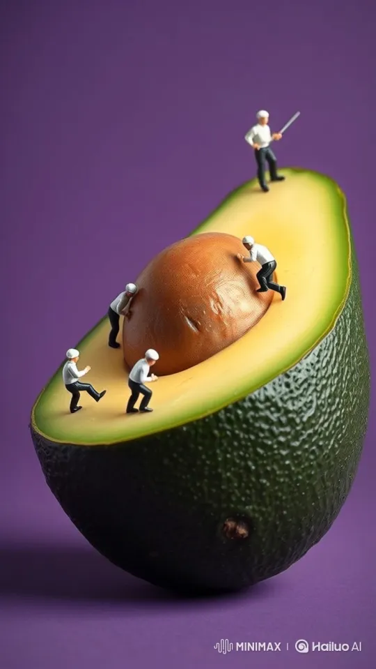 Mini Figures Struggle to Move Giant Avocado Pit – AI Generated Video | Hailuo AI