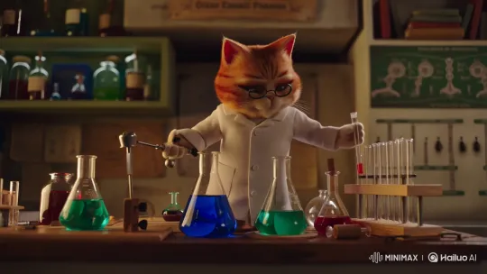 Ginger Cat Scientist Conducts Lab Experiment – AI Generated Video | Hailuo AI
