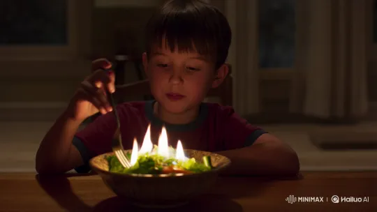 Young Boy Eats Flaming Salad with Fork – AI Generated Video | Hailuo AI