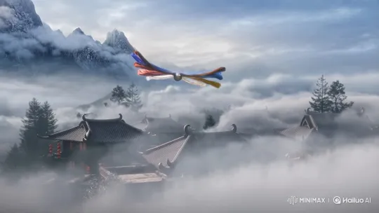 Mystical Nine-Tailed Bird Over Ancient Village in Mountains – AI Generated Video | Hailuo AI