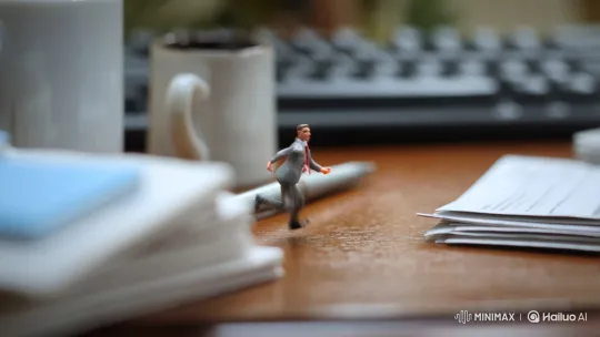 Miniature Man's Office Adventure on a Desk Landscape – AI Generated Video | Hailuo AI