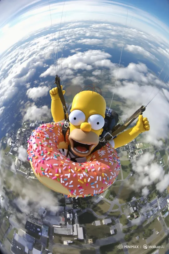 Homer Simpson Joyfully Skydiving in a Donut – AI Generated Video | Hailuo AI