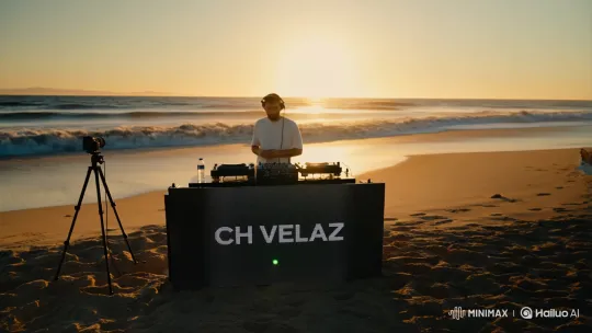 DJ CH VELAZ Performing on a Serene Beach at Sunset – AI Generated Video | Hailuo AI