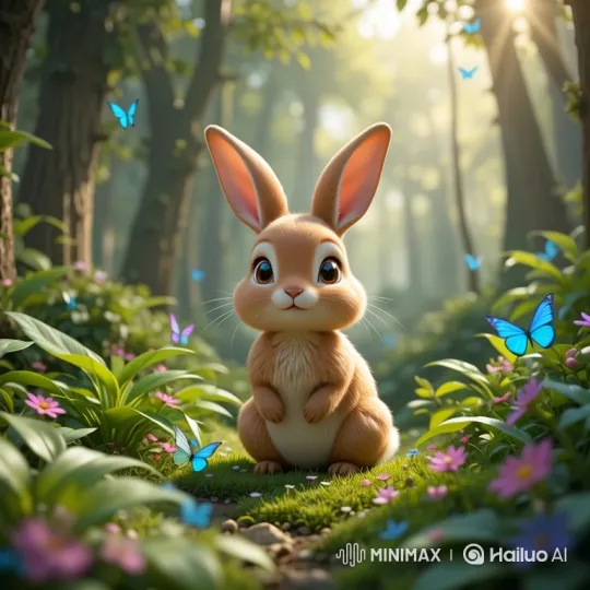 Peaceful Rabbit Amidst Sunlit Forest and Fluttering Butterflies – AI Generated Video | Hailuo AI