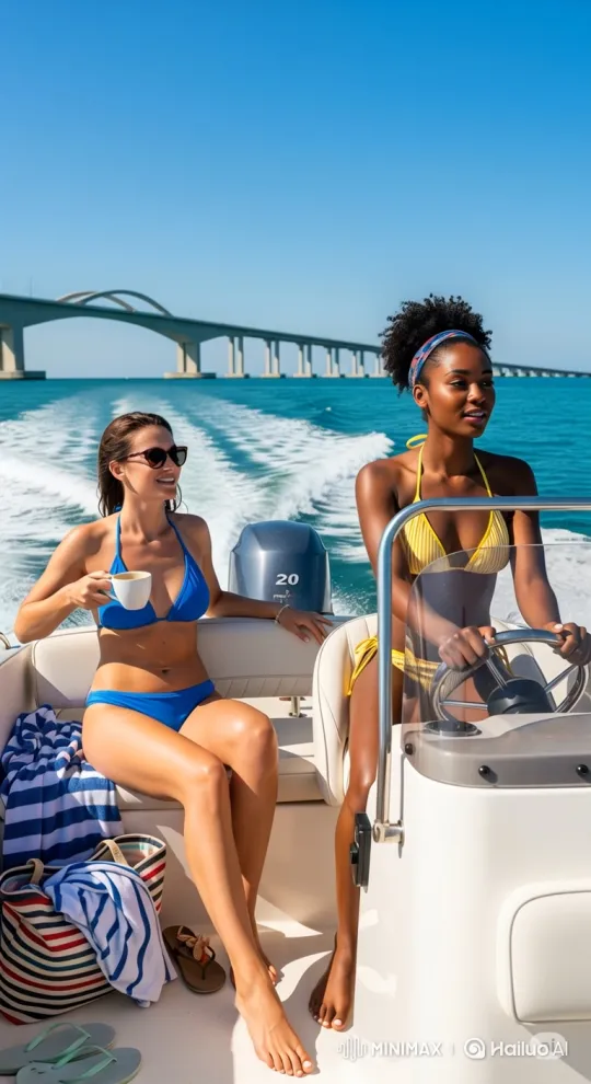 Girls' boat jolted by wave, engine falls off, leaving them stranded. – AI Generated Video | Hailuo AI