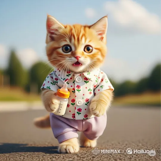 Anthropomorphic Kitten Walks and Drinks Milk – AI Generated Video | Hailuo AI