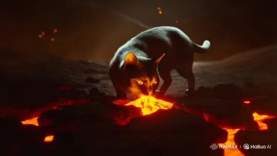 Black Cat Eats Glowing Lava in Volcanic Night Landscape – AI Generated Video | Hailuo AI