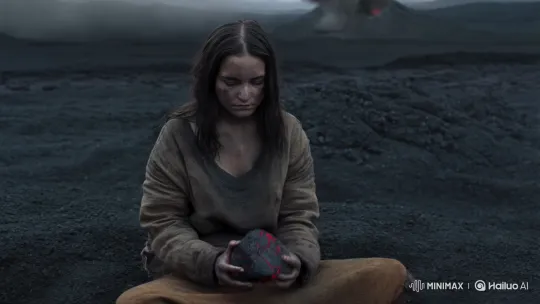Young Woman Eats Glowing Lava Rock in Volcanic Landscape – AI Generated Video | Hailuo AI