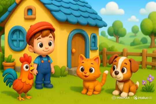 Cheerful Animated Scene of Boy and Animal Friends – AI Generated Video | Hailuo AI