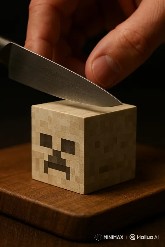 Hyper-Realistic Knife Slicing Through Creeper Block – AI Generated Video | Hailuo AI