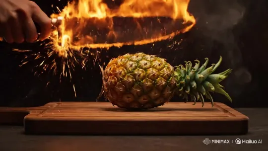 Slow-motion Fire Knife Slicing Fruit on Dark Counter – AI Generated Video | Hailuo AI
