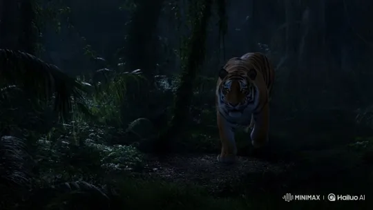 Tiger on Alert in Nocturnal Jungle – AI Generated Video | Hailuo AI
