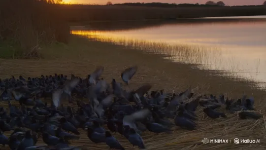 Synchronized Starling Flock Takes Flight at Sunset – AI Generated Video | Hailuo AI