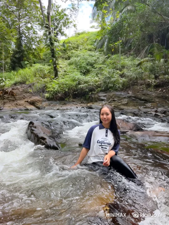 Young Woman in Serene River Amidst Nature's Beauty – AI Generated Video | Hailuo AI