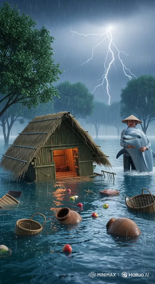 Man Protects Dolphin Amidst Flooded Hut Destruction – AI Generated Video | Hailuo AI