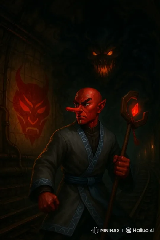 Red-Skinned Character Faces Monster in Dark Tunnel – AI Generated Video | Hailuo AI