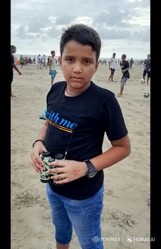 Young Boy Observes the Beach Through Binoculars – AI Generated Video | Hailuo AI