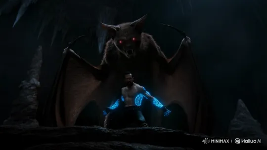 Warrior Faces Monstrous Giant Bat in Dark Cave – AI Generated Video | Hailuo AI