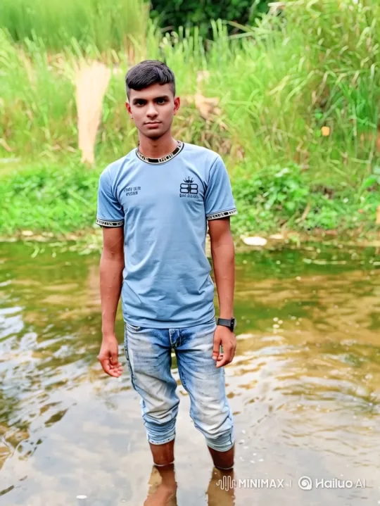 Young Man Smiles, Disturbs Calm Water in Natural Setting – AI Generated Video | Hailuo AI