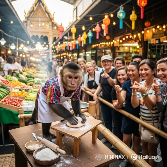 Monkey Chef Delights Tourists at Night Market – AI Generated Video | Hailuo AI