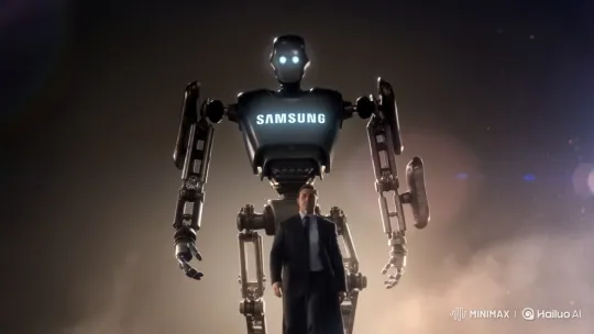 Samsung Brand Owner and Giant Robot Walk in Dramatic Slow-Motion – AI Generated Video | Hailuo AI