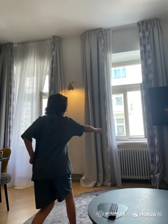 Person exits through window in bright room – AI Generated Video | Hailuo AI