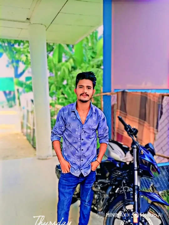 Young Man Walks Alongside Motorcycle in Colorful Scene – AI Generated Video | Hailuo AI