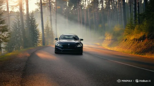 BMW M4 Glides Through Misty Pine Forest at Sunrise – AI Generated Video | Hailuo AI