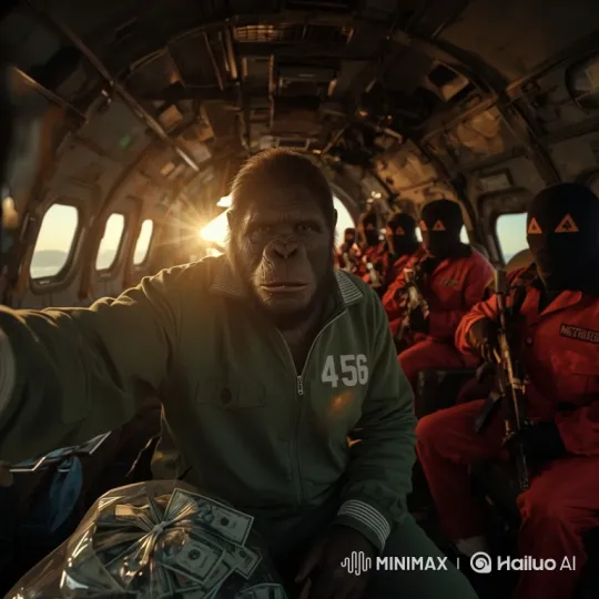 Gorilla in Tracksuit with Cash on Military Plane Amidst Armed Guards – AI Generated Video | Hailuo AI