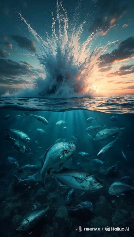 Explosive Blast in Ocean: Fish Lifeless in Aftermath – AI Generated Video | Hailuo AI