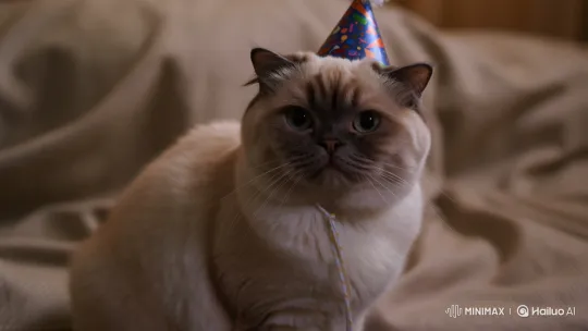 Fluffy Cat in Party Hat Slowly Blinks – AI Generated Video | Hailuo AI