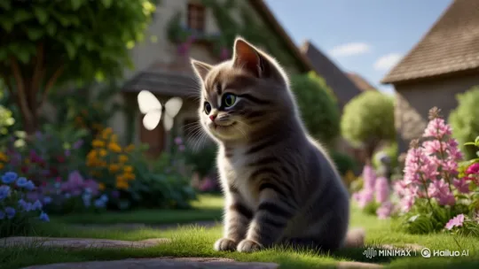 Cute Kitten Plays with Butterfly in Village Garden – AI Generated Video | Hailuo AI