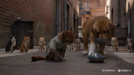 Compassionate Dog Comforts Sad Cat in Alley – AI Generated Video | Hailuo AI