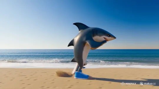 Anthropomorphic Shark Runs on Beach in Blue Sneakers – AI Generated Video | Hailuo AI