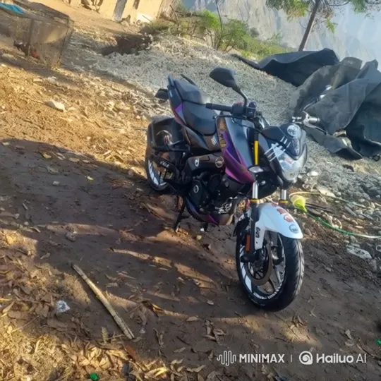 Black and Purple Motorcycle Powers Away on Dirt Hillside – AI Generated Video | Hailuo AI