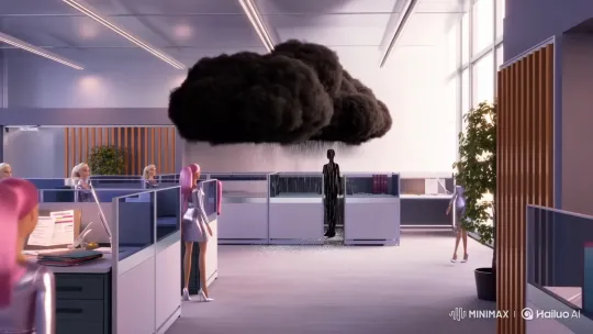 3D Barbie Dolls in Office with Shadowy Coworker Under Dark Cloud – AI Generated Video | Hailuo AI