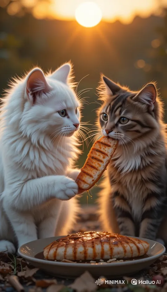 Two Cats Share a Meal Under a Setting Sun – AI Generated Video | Hailuo AI