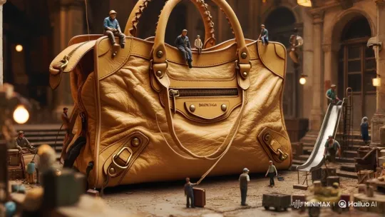 Miniature Workers toil on Giant Handbag in Surreal Setting – AI Generated Video | Hailuo AI