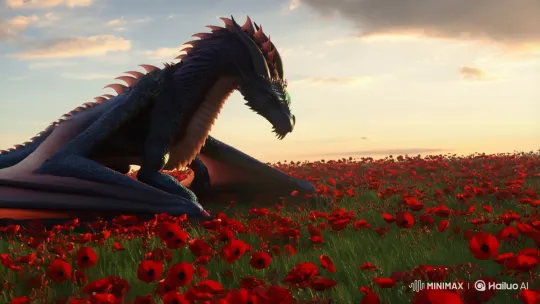 Majestic Dragon Unfurls Wings, Breathes Fire in Poppy Meadow at Dawn – AI Generated Video | Hailuo AI