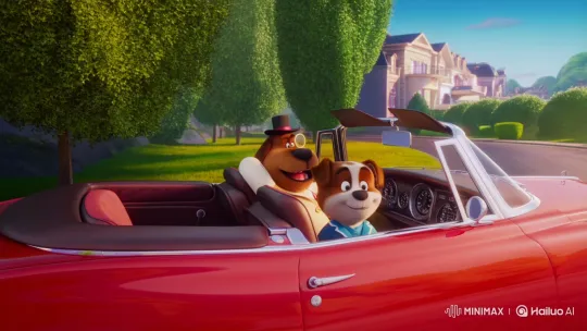 Wealthy Cartoon Dog and Puppy Laugh in Luxury Convertible – AI Generated Video | Hailuo AI