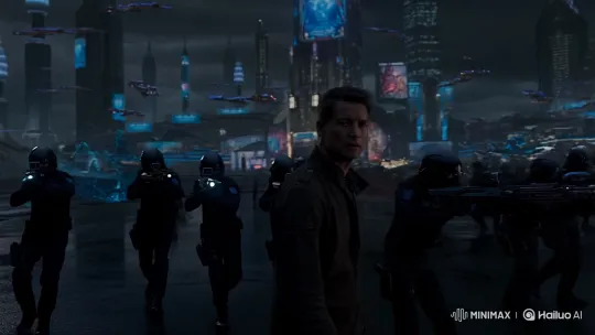 Portuguese Man Surrounded by Police in Futuristic City Plaza – AI Generated Video | Hailuo AI