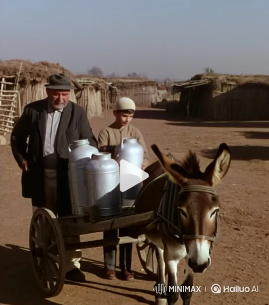 Elderly Man and Boy Sell Milk with Donkey Cart – AI Generated Video | Hailuo AI