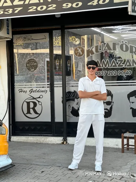 Young Man Poses Confidently in Front of Turkish Barbershop – AI Generated Video | Hailuo AI