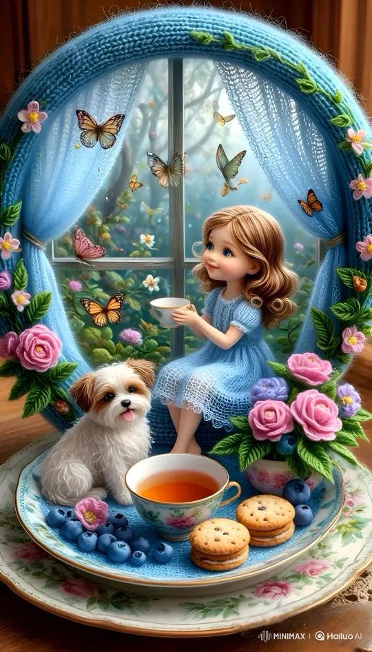 Enchanted Circular Frame: Girl and Dog Wave Gently – AI Generated Video | Hailuo AI